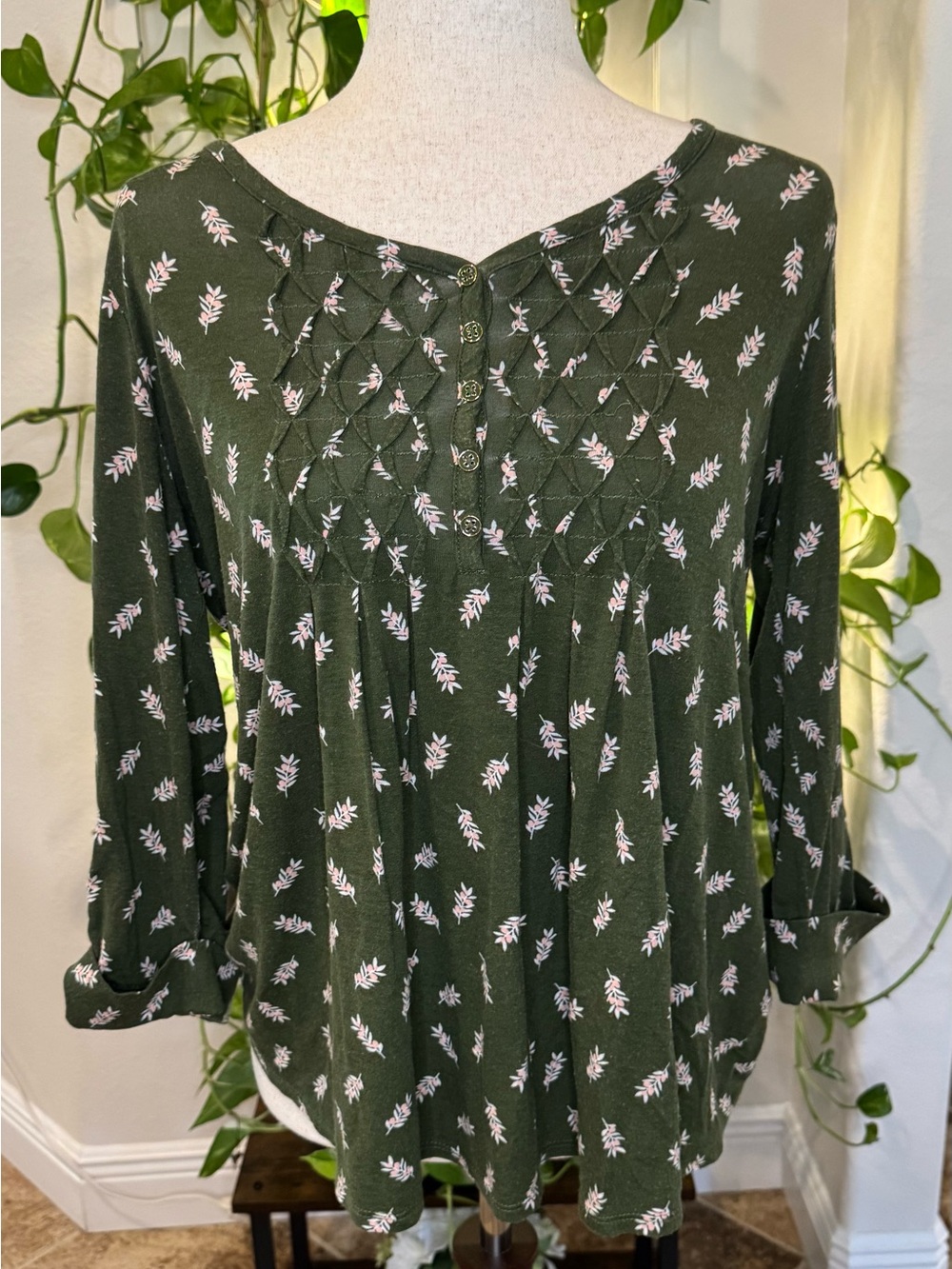 Kim Rogers Olive Green Floral Henley Tunic